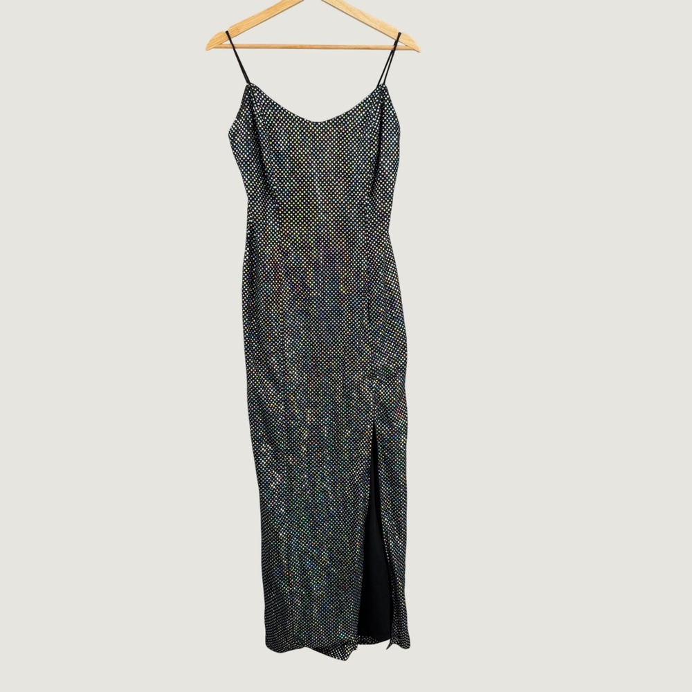 Vintage LA GLO Maxi Dress Size 11/12 Black Rainbow Glitter Sequins 90s Sparkle